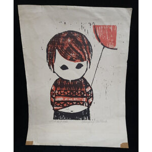 Mid Century Margery Niblock Little Boy Red Woodblock Print Signed Anime Cartoon